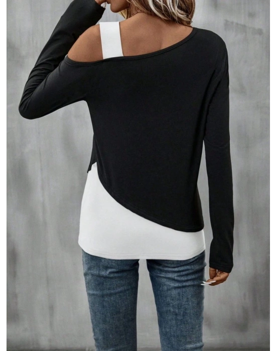 Kadın Tek Omuzu Açık Askılı çift Renkli Uzun Kollu Viskon Bluz