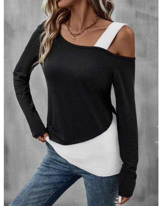 Kadın Tek Omuzu Açık Askılı çift Renkli Uzun Kollu Viskon Bluz