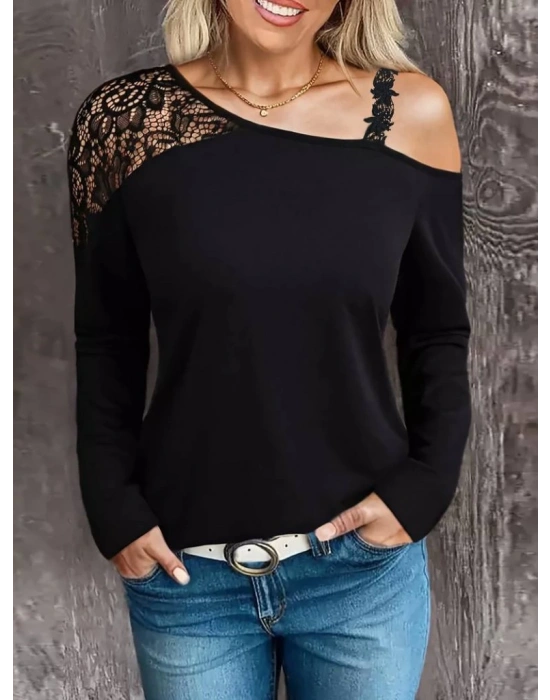 Kadın Tek Omuzu Açık Askılı Dantelli Viskon Bluz