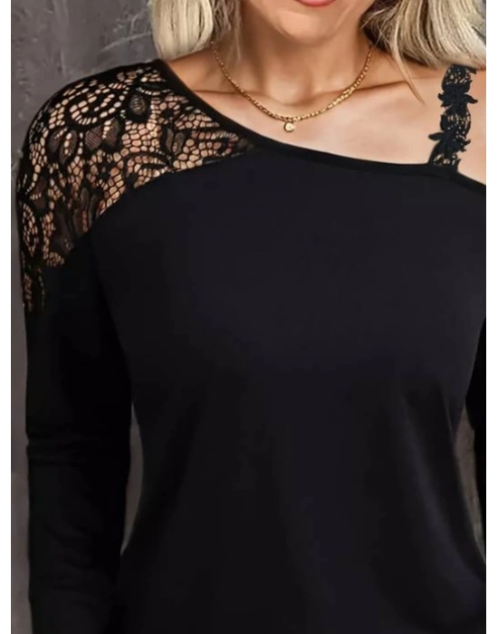 Kadın Tek Omuzu Açık Askılı Dantelli Viskon Bluz