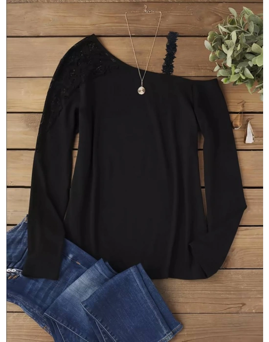 Kadın Tek Omuzu Açık Askılı Dantelli Viskon Bluz