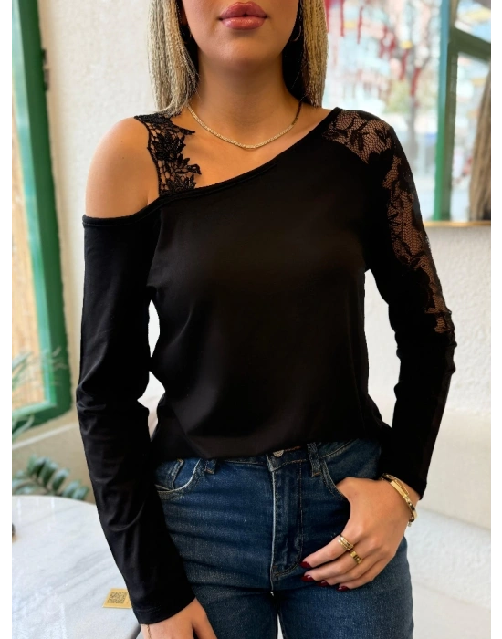 Kadın Tek Omuzu Açık Askılı Dantelli Viskon Bluz