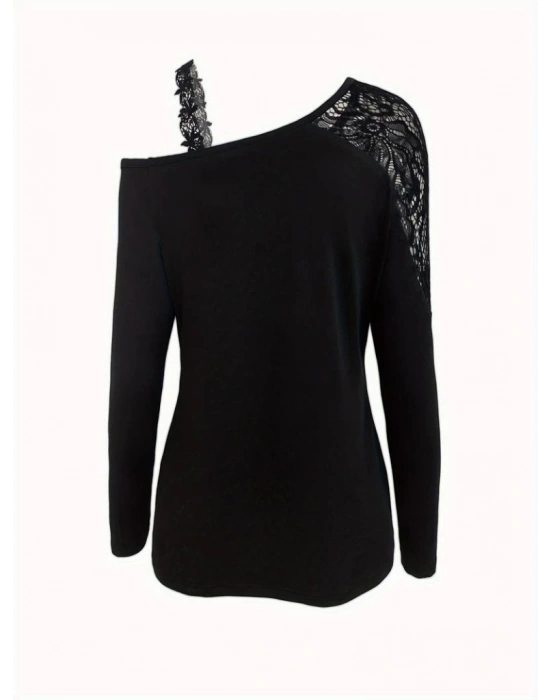 Kadın Tek Omuzu Açık Askılı Dantelli Viskon Bluz