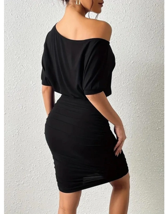 Kadın Tek Omuzu Açık Büzgülü Kısa Sandy Elbise