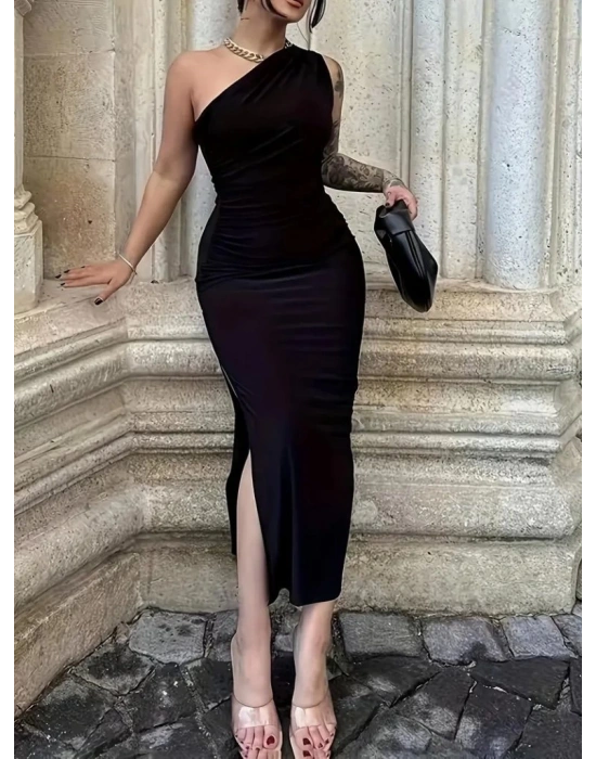 Kadın Tek Omuzu Açık Büzgülü Yandan Yırtmaçlı Uzun Sandy Elbise