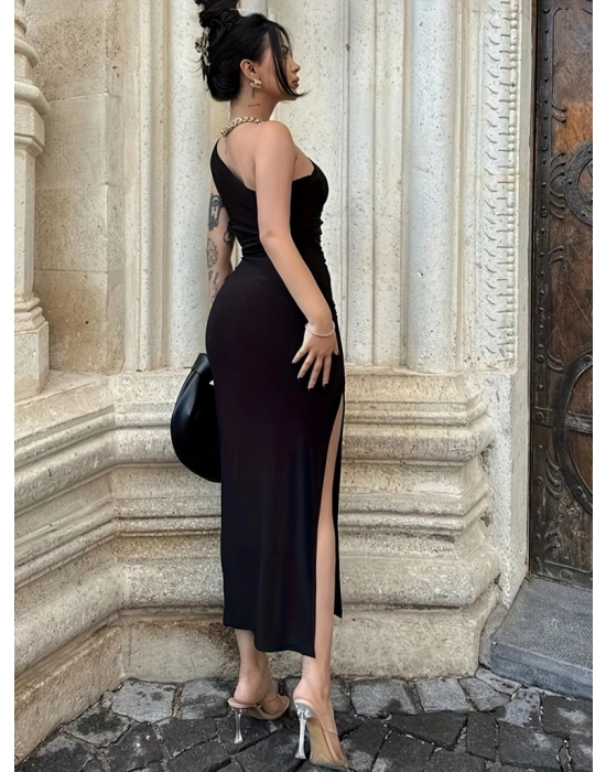 Kadın Tek Omuzu Açık Büzgülü Yandan Yırtmaçlı Uzun Sandy Elbise