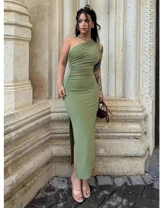 Kadın Tek Omuzu Açık Büzgülü Yandan Yırtmaçlı Uzun Sandy Elbise