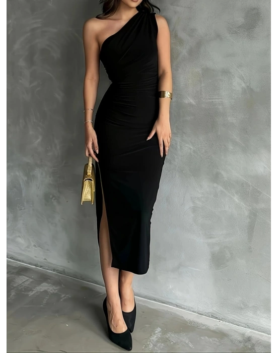 Kadın Tek Omuzu Açık Büzgülü Yandan Yırtmaçlı Uzun Sandy Elbise