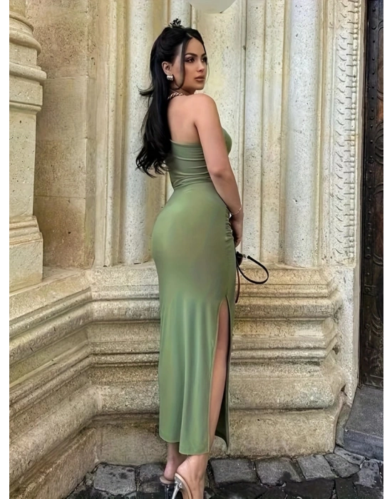 Kadın Tek Omuzu Açık Büzgülü Yandan Yırtmaçlı Uzun Sandy Elbise