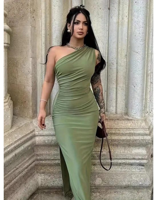 Kadın Tek Omuzu Açık Büzgülü Yandan Yırtmaçlı Uzun Sandy Elbise