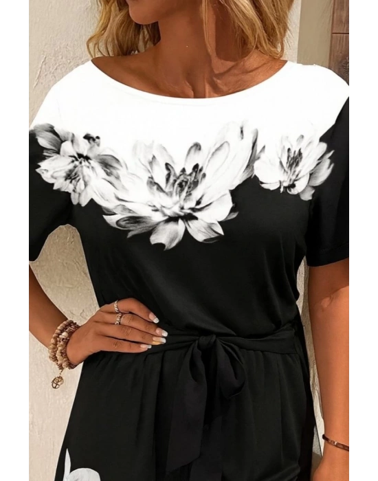 Kadın Tek Omuzu Açık çiçek Desenli Beli Kuşaklı Iki Iplik Mini Short Tulum