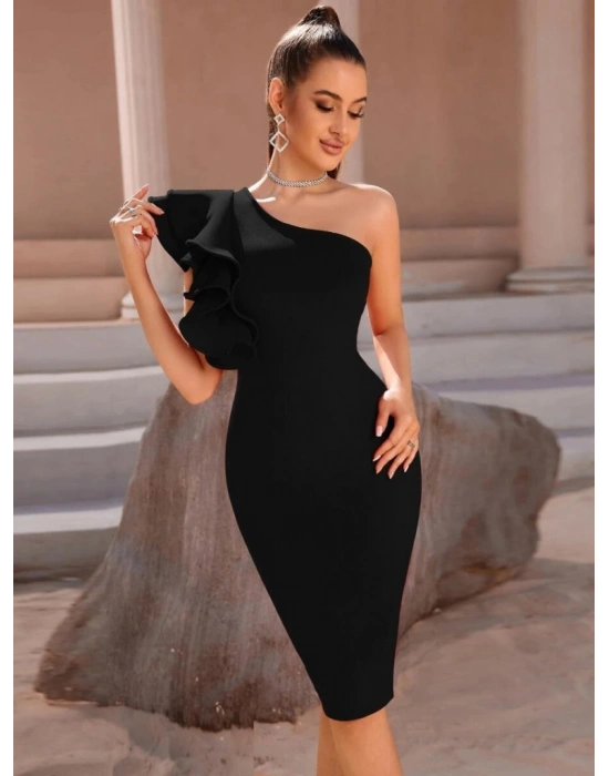 Kadın Tek Omuzu Açık Diğer Omuz Volan Detay Midi Ithal Krep Elbise