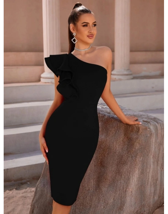 Kadın Tek Omuzu Açık Diğer Omuz Volan Detay Midi Ithal Krep Elbise