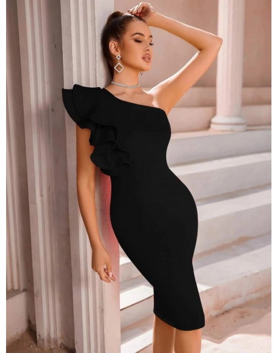 Kadın Tek Omuzu Açık Diğer Omuz Volan Detay Midi Ithal Krep Elbise