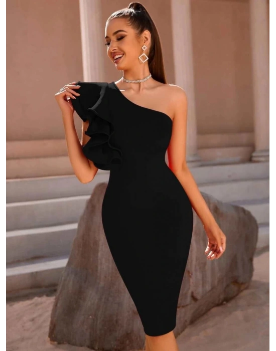 Kadın Tek Omuzu Açık Diğer Omuz Volan Detay Midi Ithal Krep Elbise