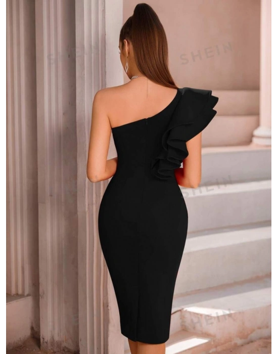 Kadın Tek Omuzu Açık Diğer Omuz Volan Detay Midi Ithal Krep Elbise