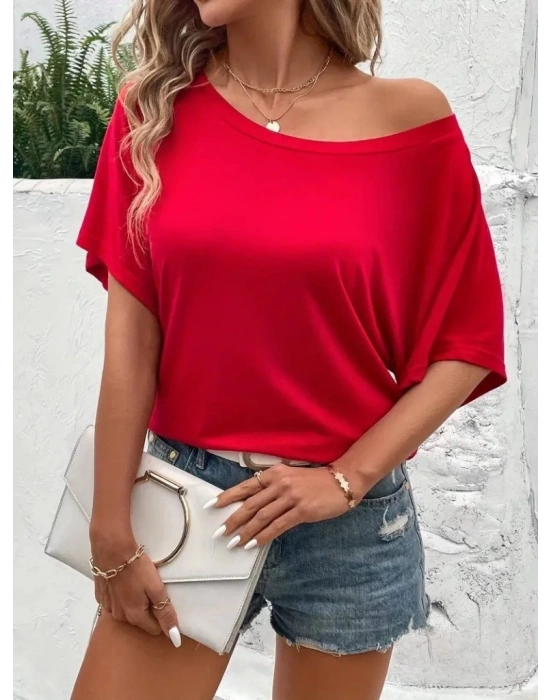 Kadın Tek Omuzu Açık Kısa Kollu Salaş Viskon Bluz