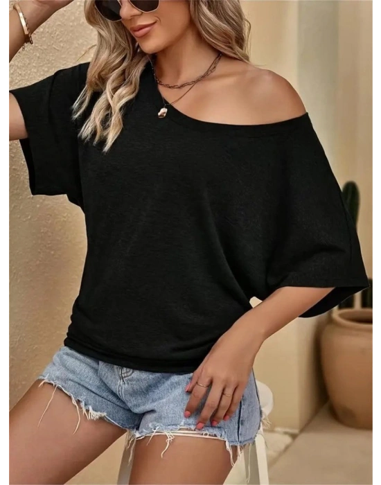 Kadın Tek Omuzu Açık Kısa Kollu Salaş Viskon Bluz