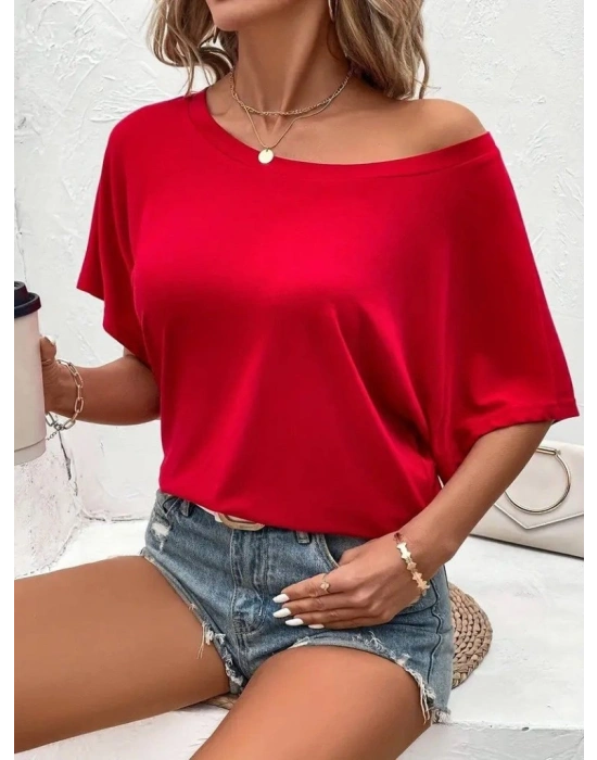 Kadın Tek Omuzu Açık Kısa Kollu Salaş Viskon Bluz