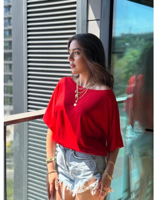 Kadın Tek Omuzu Açık Kısa Kollu Salaş Viskon Bluz