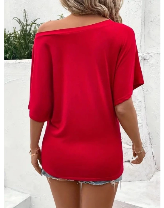 Kadın Tek Omuzu Açık Kısa Kollu Salaş Viskon Bluz