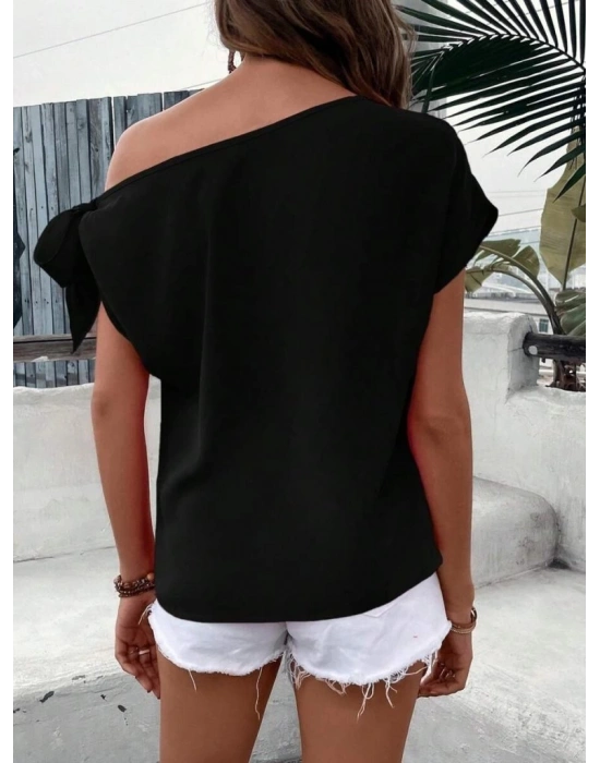 Kadın Tek Omuzu Açık Koldan Bağlamalı Janjan Krep Bluz