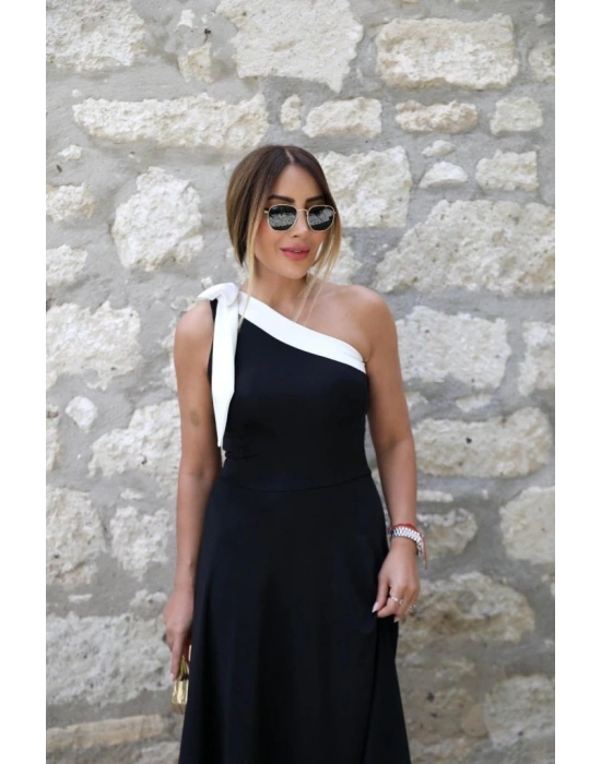 Kadın Tek Omuzu Açık Omuzlardan Kurdela Detaylı çift Renkli Ithal Krep Elbise