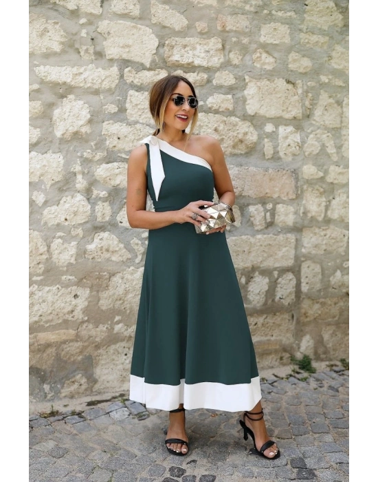 Kadın Tek Omuzu Açık Omuzlardan Kurdela Detaylı çift Renkli Ithal Krep Elbise