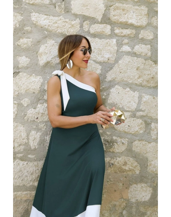 Kadın Tek Omuzu Açık Omuzlardan Kurdela Detaylı çift Renkli Ithal Krep Elbise