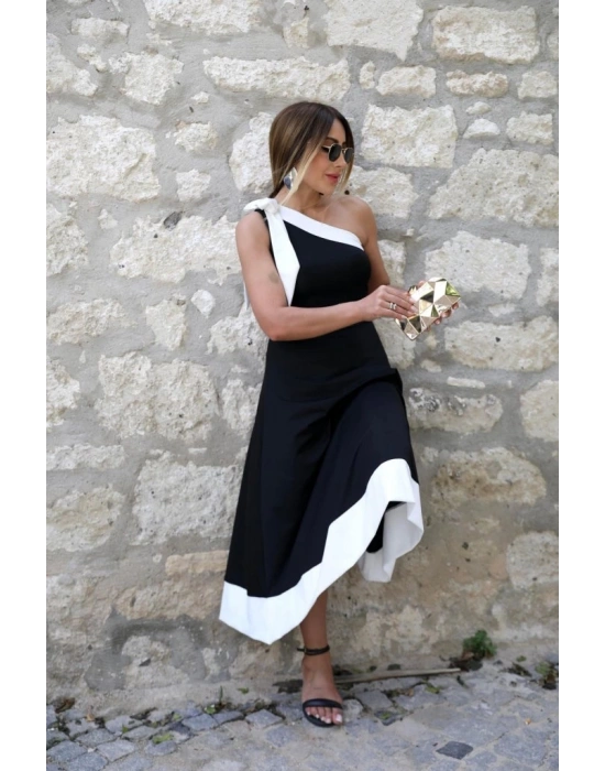 Kadın Tek Omuzu Açık Omuzlardan Kurdela Detaylı çift Renkli Ithal Krep Elbise