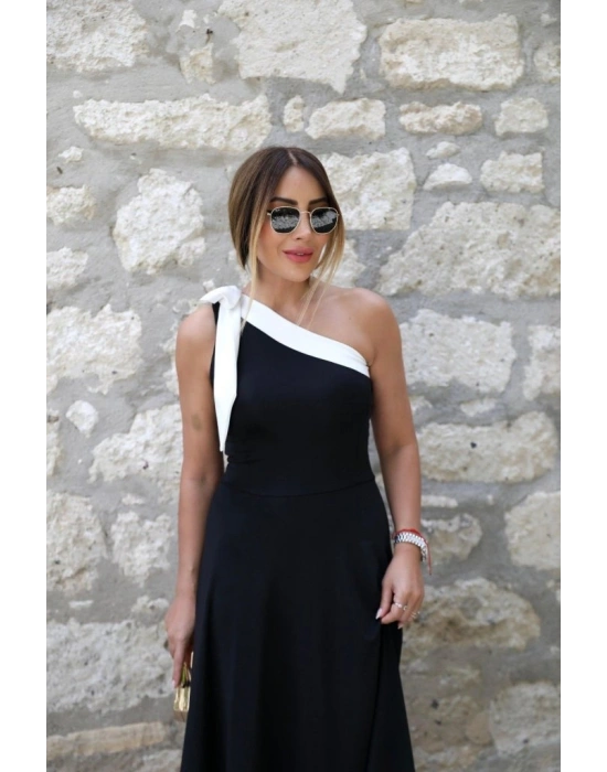 Kadın Tek Omuzu Açık Omuzlardan Kurdela Detaylı çift Renkli Ithal Krep Elbise