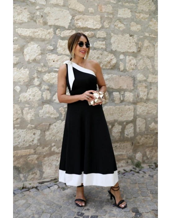 Kadın Tek Omuzu Açık Omuzlardan Kurdela Detaylı çift Renkli Ithal Krep Elbise