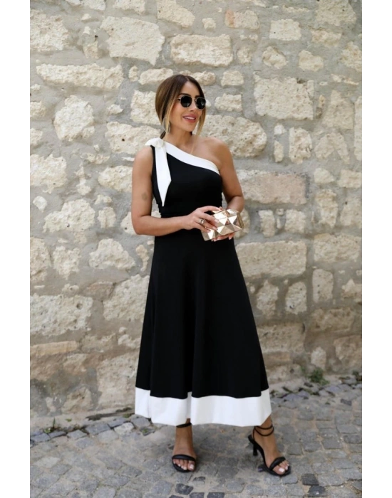 Kadın Tek Omuzu Açık Omuzlardan Kurdela Detaylı çift Renkli Ithal Krep Elbise