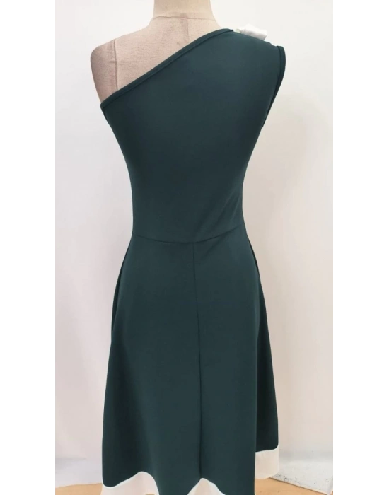 Kadın Tek Omuzu Açık Omuzlardan Kurdela Detaylı çift Renkli Ithal Krep Elbise