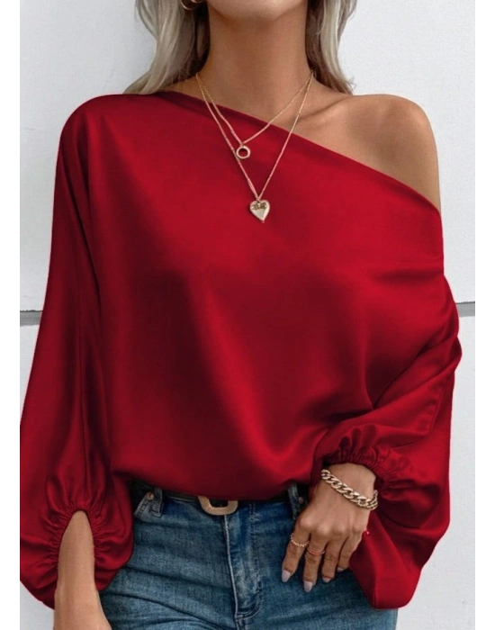 Kadın Tek Omuzu Açık Uzun Kollu Salaş Sandy Bluz