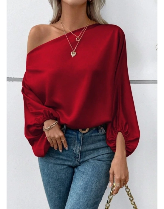 Kadın Tek Omuzu Açık Uzun Kollu Salaş Sandy Bluz