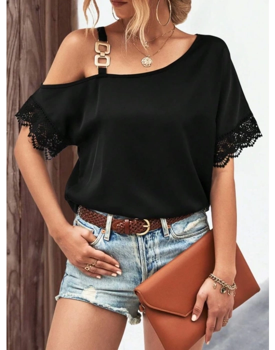 Kadın Tek Omuzu Askılı Kısa Kollu Toka Detaylı Dantelli Viskon Bluz