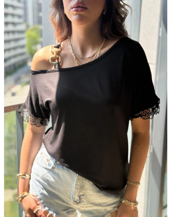 Kadın Tek Omuzu Askılı Kısa Kollu Toka Detaylı Dantelli Viskon Bluz