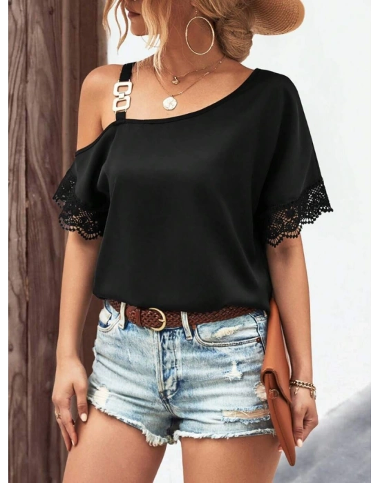 Kadın Tek Omuzu Askılı Kısa Kollu Toka Detaylı Dantelli Viskon Bluz