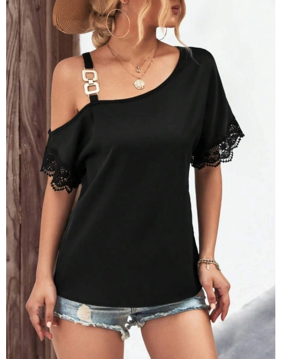 Kadın Tek Omuzu Askılı Kısa Kollu Toka Detaylı Dantelli Viskon Bluz
