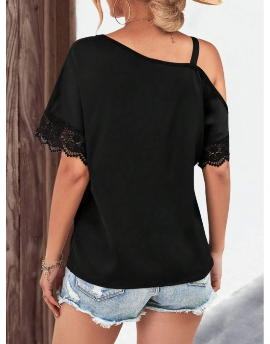 Kadın Tek Omuzu Askılı Kısa Kollu Toka Detaylı Dantelli Viskon Bluz