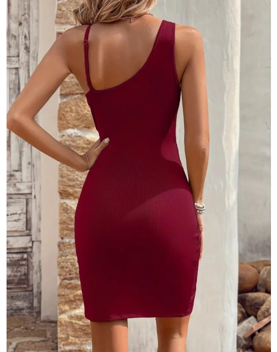 Kadın Tek Omuzu Ip Askılı Kruvaze Yakalı Belden Düğmeli Asimetrik Kesim Detaylı Kaşkorse Elbise