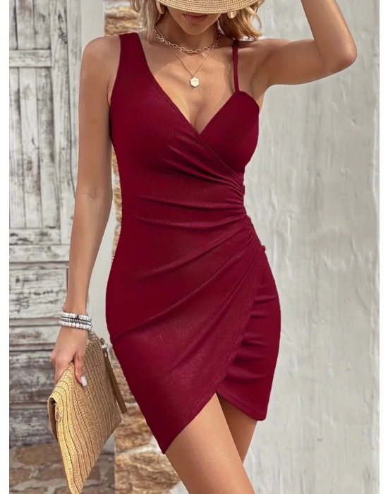 Kadın Tek Omuzu Ip Askılı Kruvaze Yakalı Belden Düğmeli Asimetrik Kesim Detaylı Kaşkorse Elbise