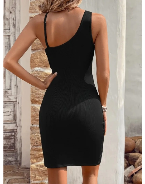 Kadın Tek Omuzu Ip Askılı Kruvaze Yakalı Belden Düğmeli Asimetrik Kesim Detaylı Kaşkorse Elbise