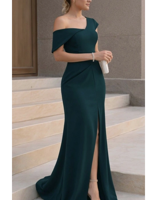 Kadın Tek Omzu Açık Kısa Kollu önden Yırtmaçlı Uzun Ithal Krep Elbise