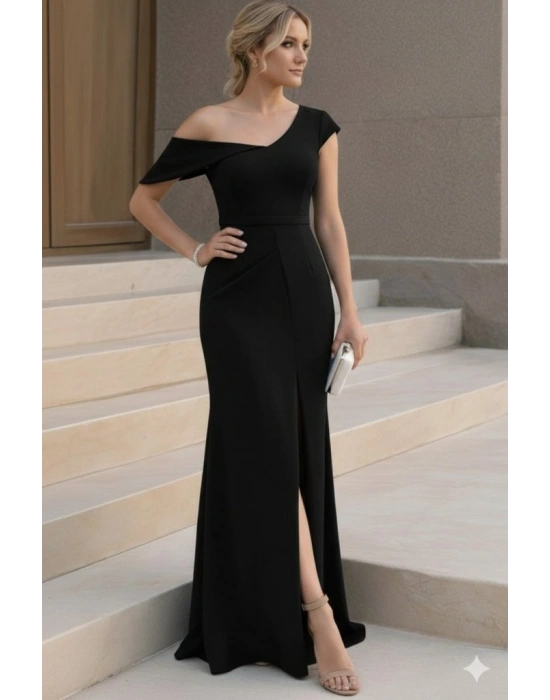 Kadın Tek Omzu Açık Kısa Kollu önden Yırtmaçlı Uzun Ithal Krep Elbise