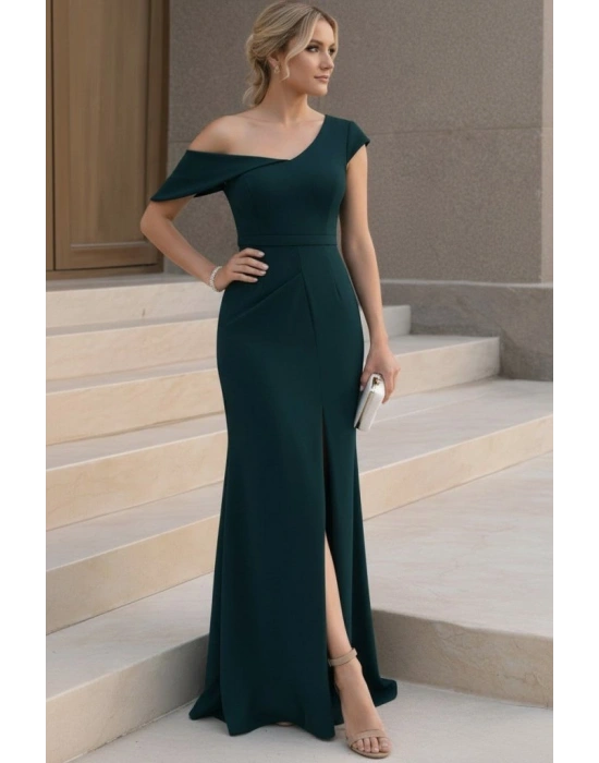 Kadın Tek Omzu Açık Kısa Kollu önden Yırtmaçlı Uzun Ithal Krep Elbise