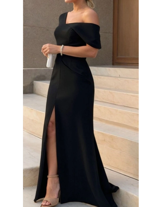 Kadın Tek Omzu Açık Kısa Kollu önden Yırtmaçlı Uzun Ithal Krep Elbise