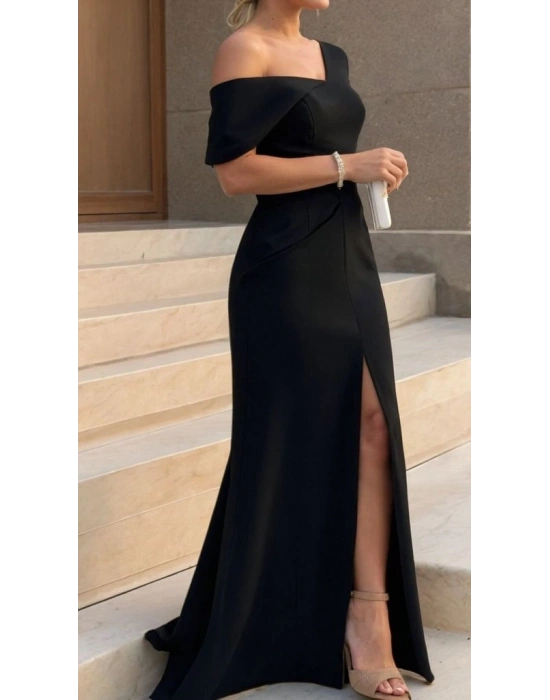 Kadın Tek Omzu Açık Kısa Kollu önden Yırtmaçlı Uzun Ithal Krep Elbise