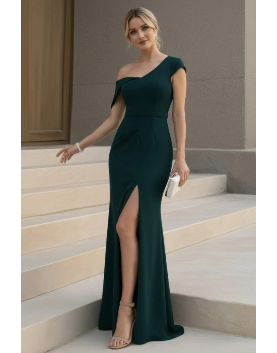 Kadın Tek Omzu Açık Kısa Kollu önden Yırtmaçlı Uzun Ithal Krep Elbise